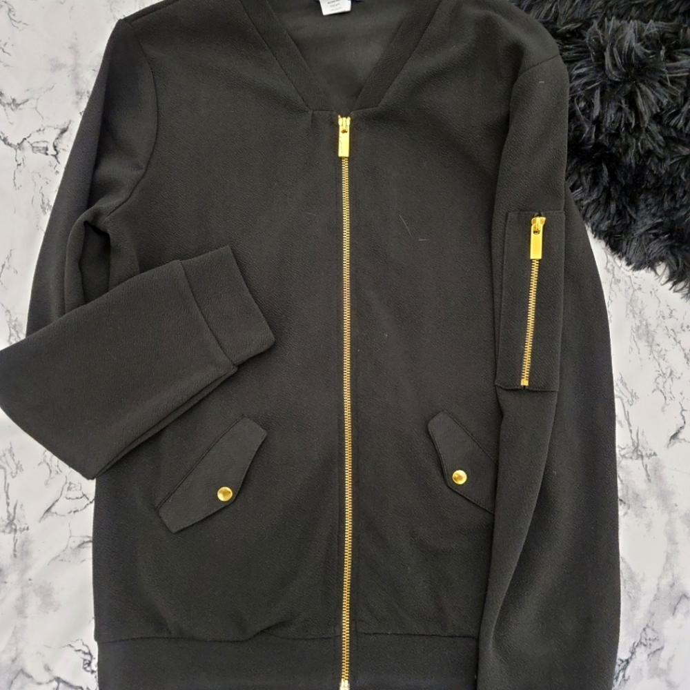 Olivia Blu Black Bomber Jacket With Gold Zipper Detailing​